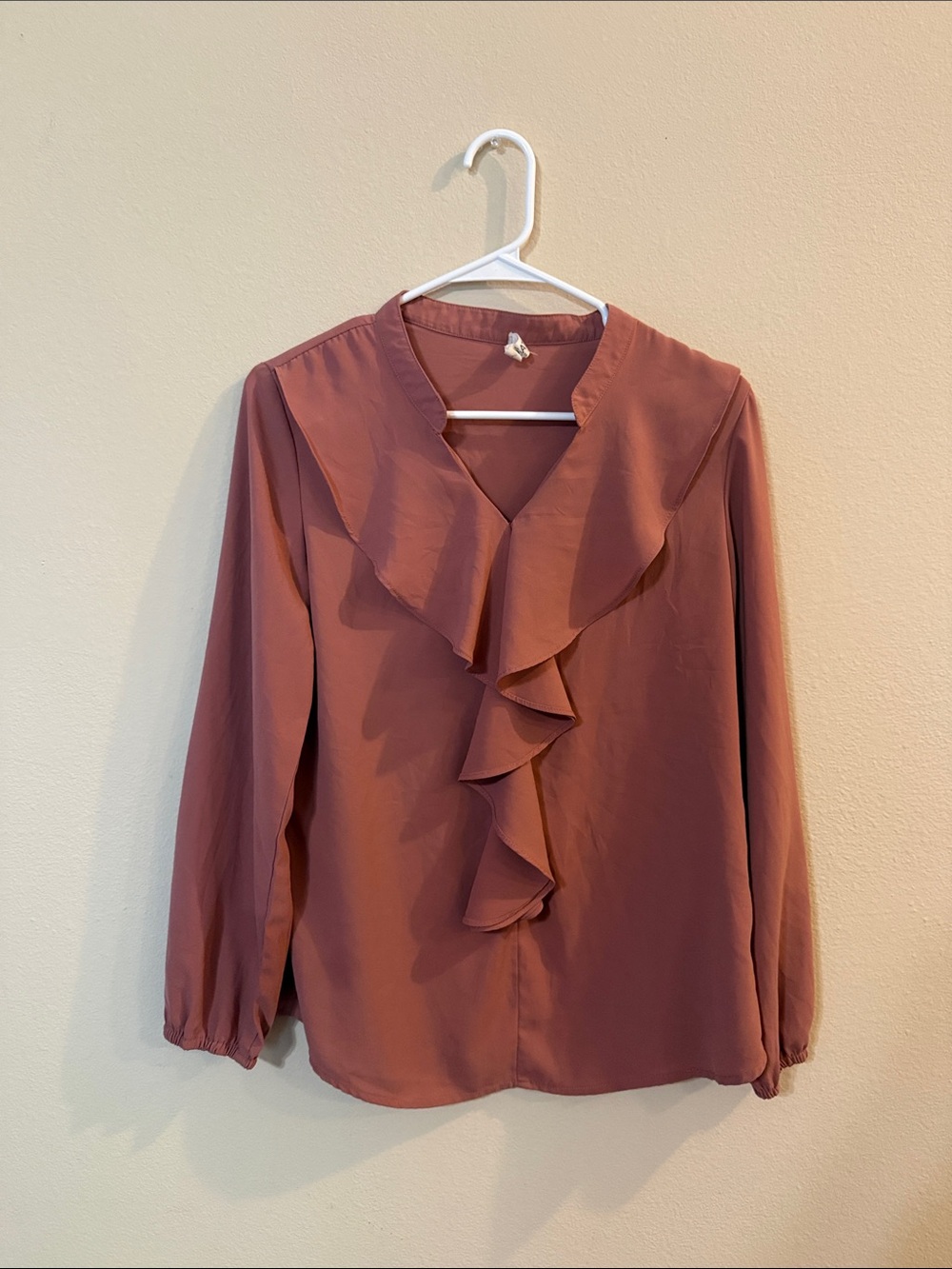 Ruffle-Front Long-Sleeve Blouse in Dusty Rose